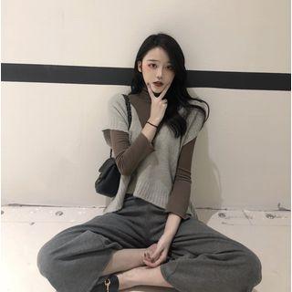 Plain V-neck Loose-fit Knit Vest / Plain Long-sleeve Top / Loose-fit Cropped Pants