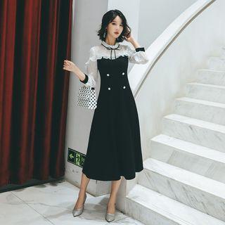 3/4-sleeve Ruffled Paneled Midi A-line Dress