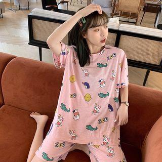 Loungewear Set: Short-sleeve Animal Print T-shirt + Shorts