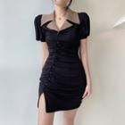 Puff-sleeve Notch Lapel Mini Sheath Dress