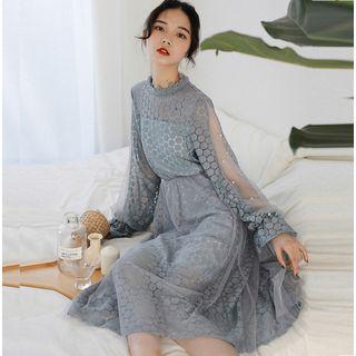 Long-sleeve Beaded Midi Lace Dress