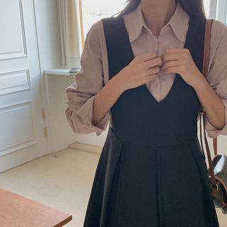 Pleated Long Pinafore Dress Black - One Size