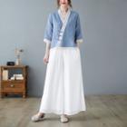 Set: 3/4-sleeve Lace Trim Wrap Linen Top + Wide Leg Pants