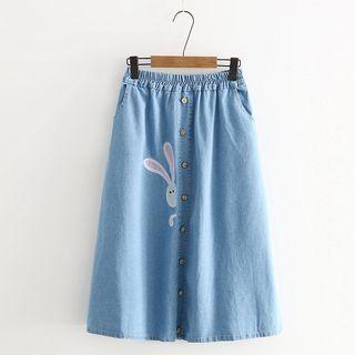 Rabbit Embroidered Midi A-line Denim Skirt