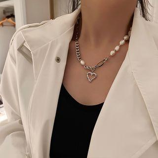 Faux Pearl Heart Chain Necklace