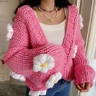 Flower Detail Open-front Chunky Knit Cardigan White Flowers - Pink - One Size