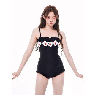 Spaghetti-strap Flower Ruffled Swimsuit