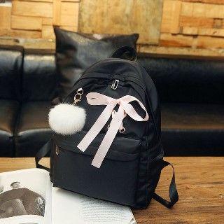 Bow-accent Pompom Nylon Backpack