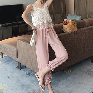 Set: Sleeveless Perforated Fringed Cropped Top + Cropped Harem Pants