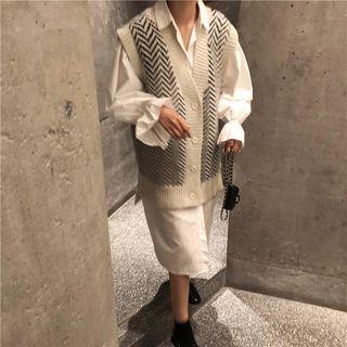 Plain Midi Shirtdress / Chevron Stripe Buttoned Knit Vest