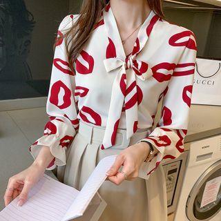 Tie-neck Lips Print Blouse