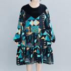 Long-sleeve Print Midi Dress Geometric - Bright Blue & Black - One Size