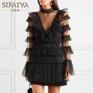 Mesh Panel Long-sleeve Mini Tiered Dress