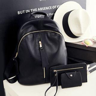 Set: Faux Leather Backpack + Clutch + Wallet Set Of 3 - Black - One Size