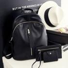 Set: Faux Leather Backpack + Clutch + Wallet Set Of 3 - Black - One Size
