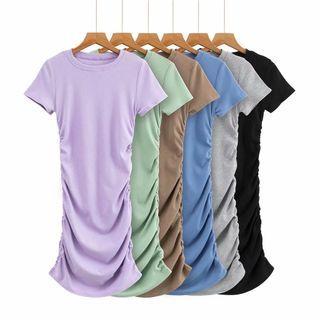 Short-sleeve Plain Ruched Mini Dress