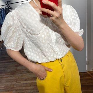 Short-sleeve Layered Collar Embroidered Top White - One Size