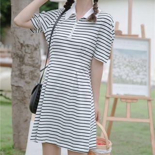 Puff-sleeve Polo Neck Striped Mini Dress