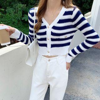 V-neck Striped Button-up Slim-fit Knit Top