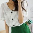 V-neck Puff-sleeve Pinstripe Blouse