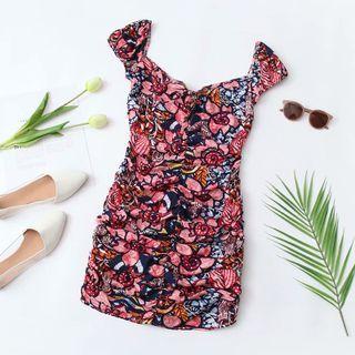 Cap-sleeve Floral Print Shirred Sheath Dress