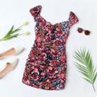 Cap-sleeve Floral Print Shirred Sheath Dress