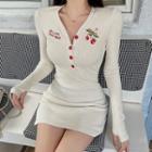 Cherry Embroidered Henley Knit Mini Sheath Dress Almond - One Size