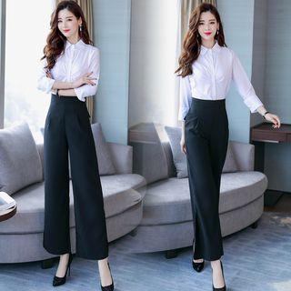Set: Plain 3/4-sleeve Shirt + High Waist Wide-leg Pants