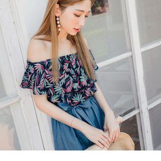 Off-shouder Print Panel Denim Tie-waist Dress