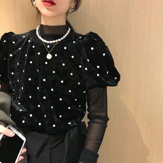 Puff-sleeve Dotted Velvet Top / Turtleneck Long-sleeve Mesh Top
