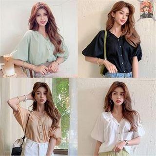 V-neck Banded-cuff Shirred Blouse