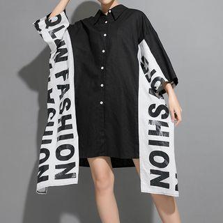 Color Block Lettering 3/4-sleeve Shirt Dress Black - One Size