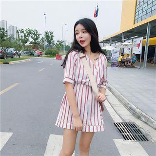 Striped Elbow-sleeve V-neck Playsuit