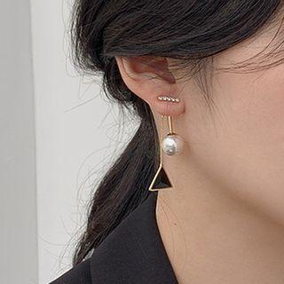 Triangle Faux Pearl Dangle Earring 1 Pair - Silver Needle - Black - One Size