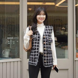 Fringe-trim Checked Tweed Vest