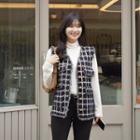 Fringe-trim Checked Tweed Vest