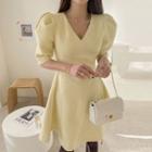 Puff-sleeve Flared Sheath Dress