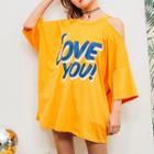 Lettering 3/4-sleeve Cold Shoulder T-shirt