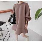 Long-sleeve Ruffle-hem Neoprene Mini Pullover Dress