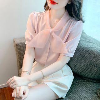 Short-sleeve Tie-neck Faux Pearl Blouse