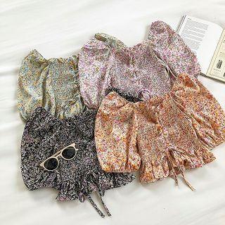Floral Drawcord Puff-sleeve Top