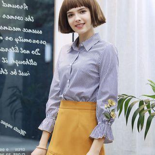 Embroidery Sleeve Pinstripe Blouse