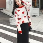 Set: Apple Print Sweater + Midi Ribbed Knit Skirt As Shown In Figure - One Size