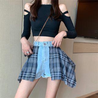 Plaid Panel High-waist Denim Wide-leg Shorts