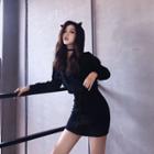 Cat Ear Zip-up Mini Hoodie Sheath Dress Black - One Size