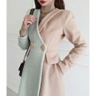 Lapelless Two-tone Wool Blend Coat