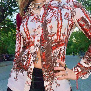 Printed Polo Neck Long Sleeve Skinny Shirt