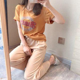 Set: Short-sleeve Printed T-shirt + Wide-leg Pants