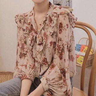 Long-sleeve Floral Print Frill Trim Chiffon Blouse Red - One Size