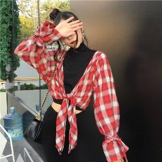 Mock Two-piece Check Long Top